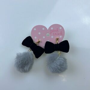 Pink Trick Pompom Dangling Earrings with Velvet Bow N231-19